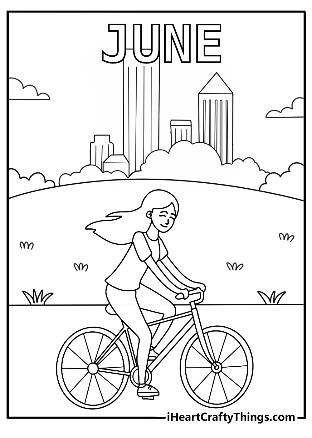 Bicycle ride through park June coloring sheet