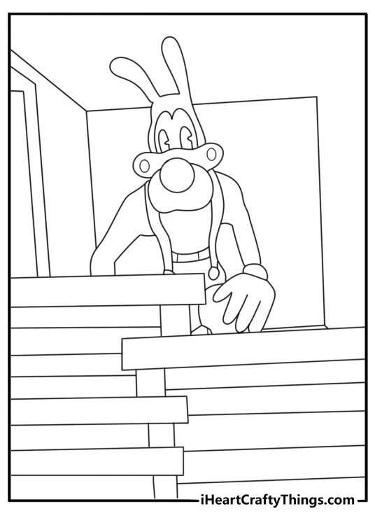 Boris hiding behind a crate in storage room simple coloring page for kids