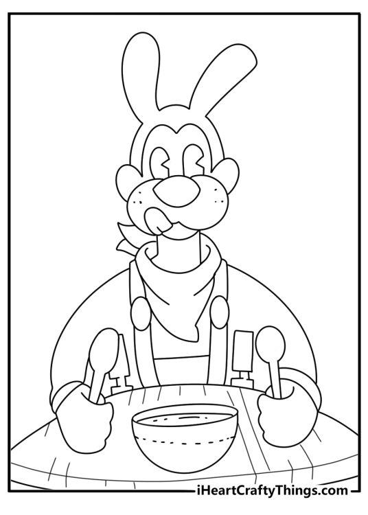Boris the Wolf eating soup at a wooden table printable coloring sheet