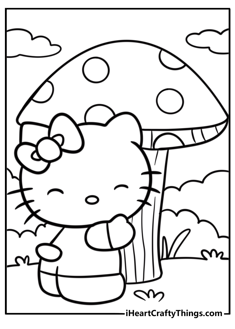 Butterfly Hello Kitty Hugging Mushroom To Color