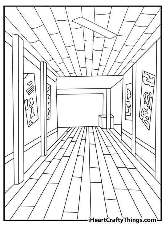 Cartoon studio hallway with posters and ink stains easy coloring sheet
