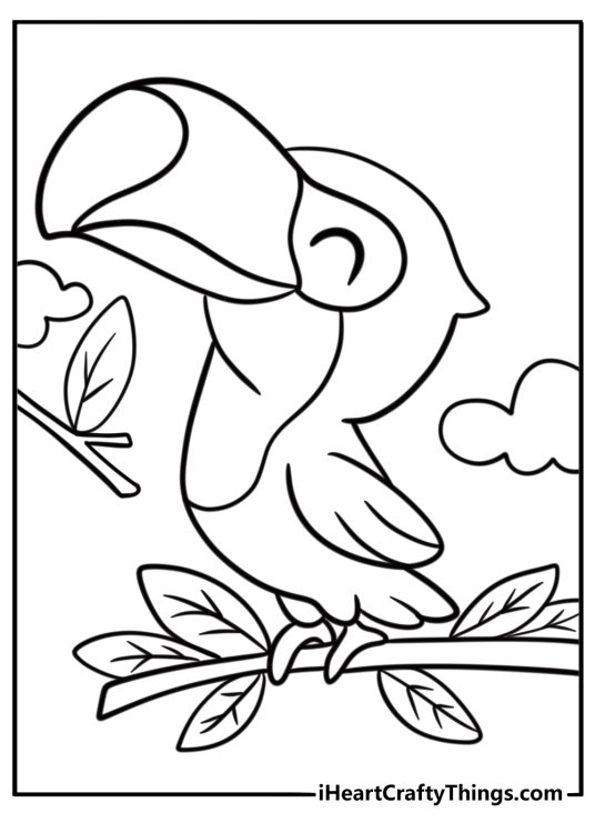Cartoon toucan with a happy face free coloring page pdf