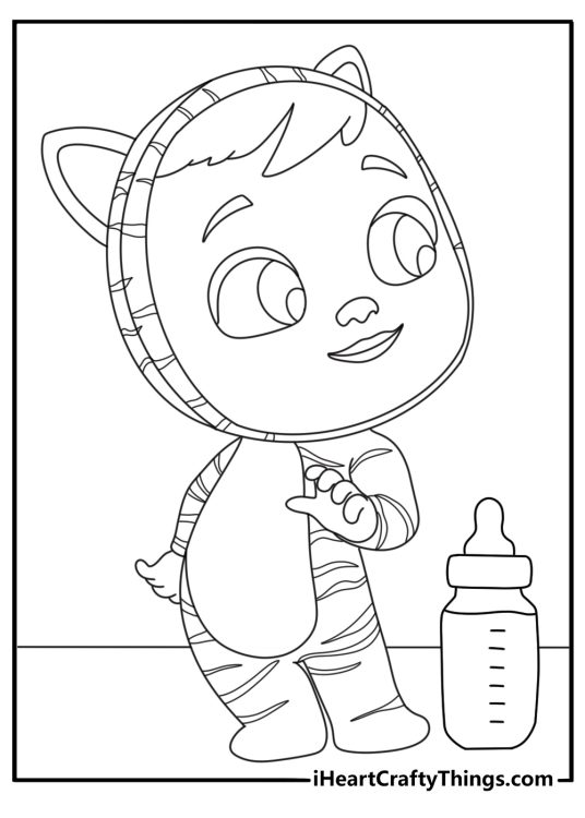Cry Babies coloring page showing a baby in a cat costume beside a milk bottle