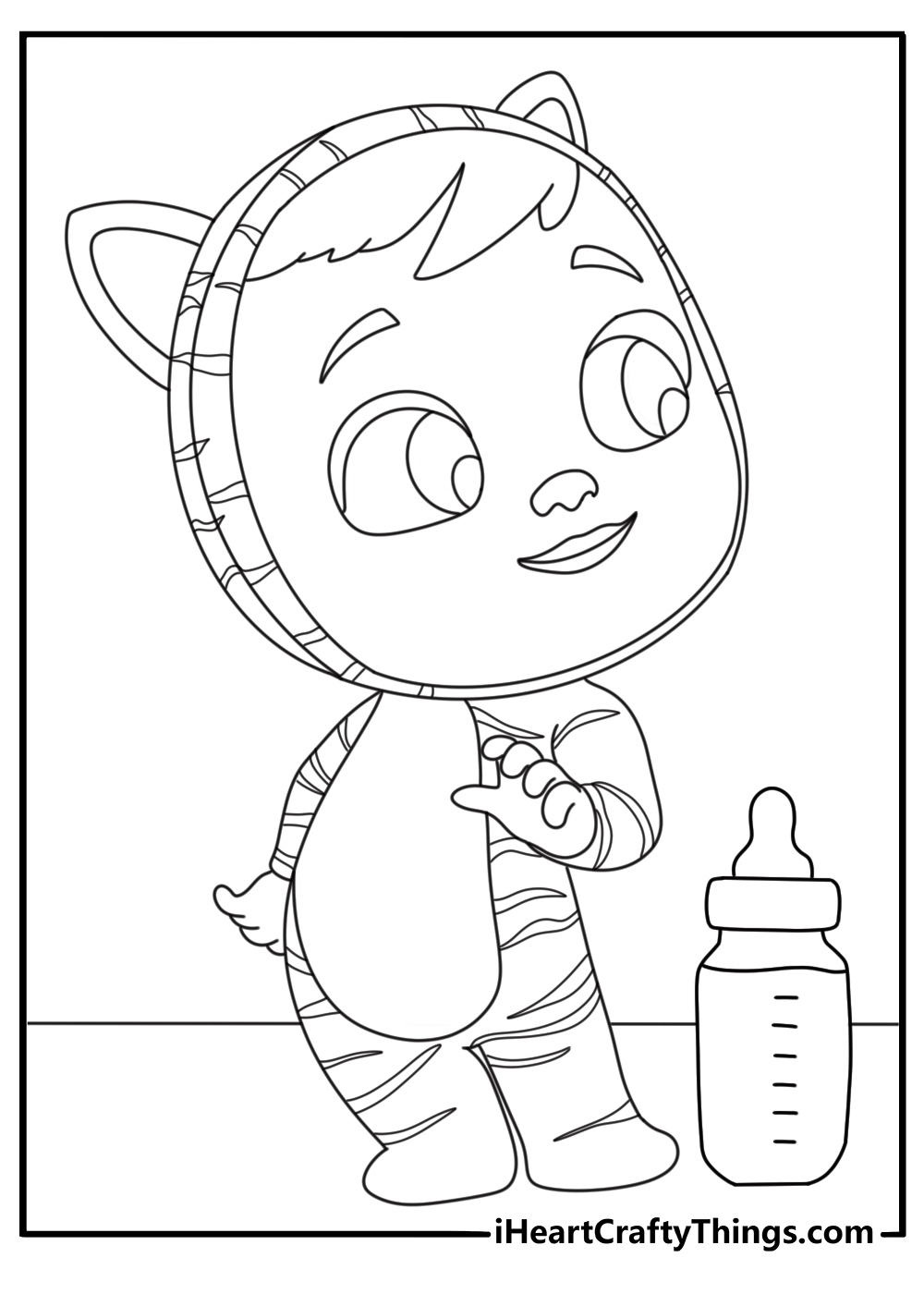 Cry Babies coloring page showing a baby in a cat costume beside a milk bottle