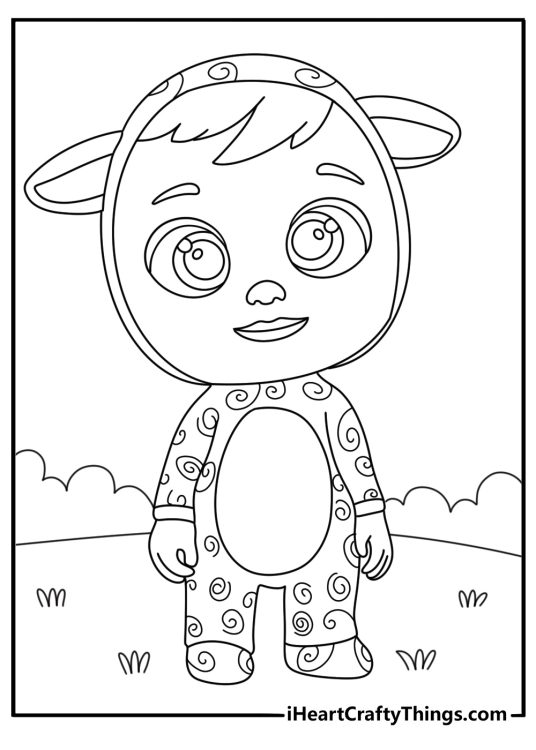 Cry Babies coloring page with a character wearing a sheep costume