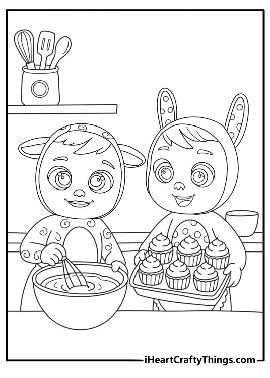 Cry Babies coloring pages scene featuring two babies baking cupcakes together