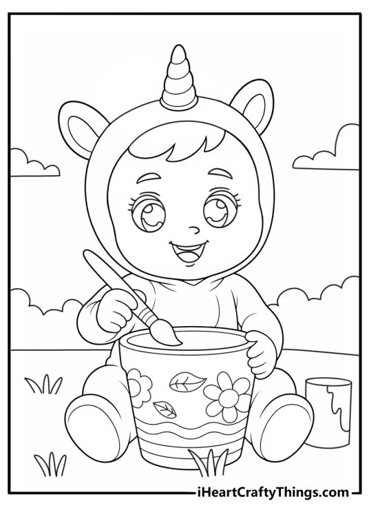 Cute Cry Babies coloring sheet showing a character painting a flower pot