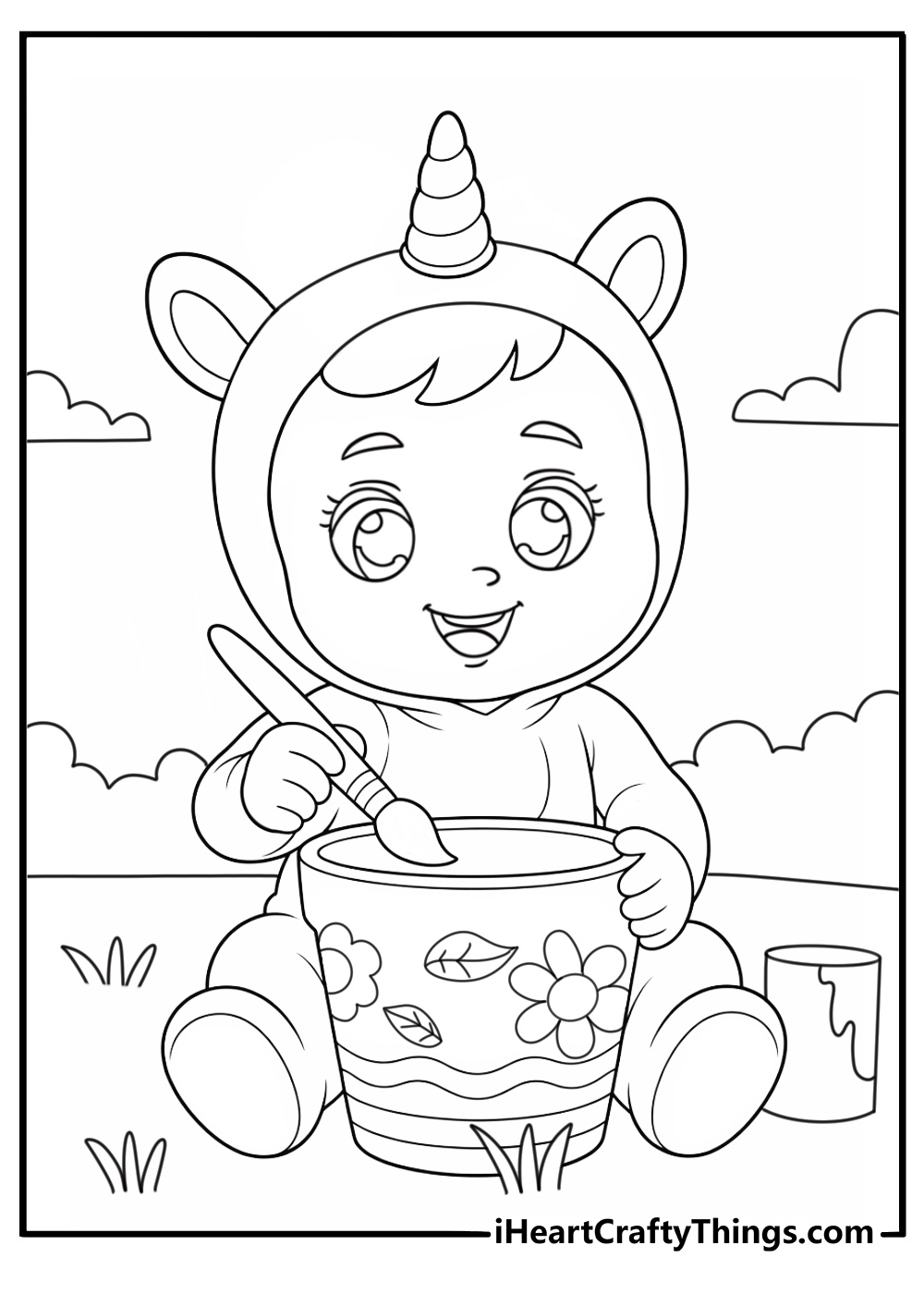 Cute Cry Babies coloring sheet showing a character painting a flower pot