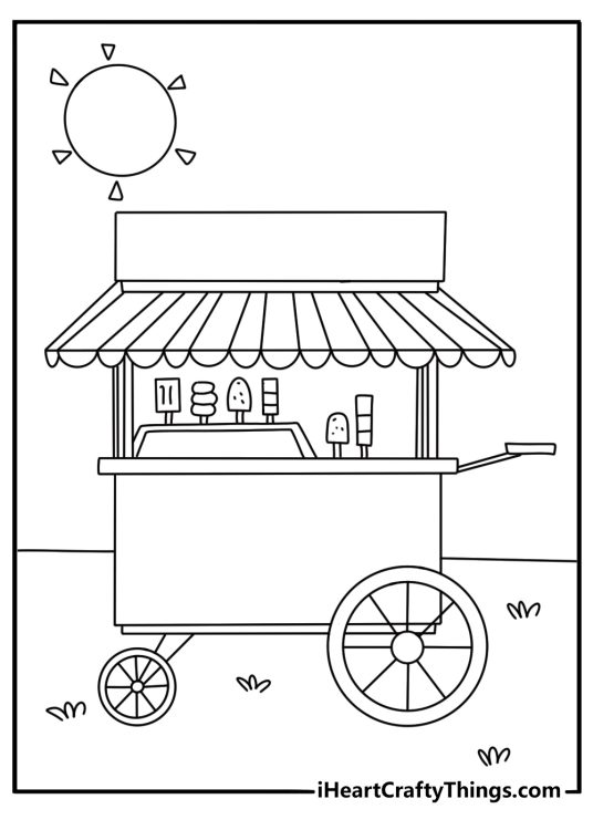 Cute July coloring page with a popsicle cart on a sunny sidewalk