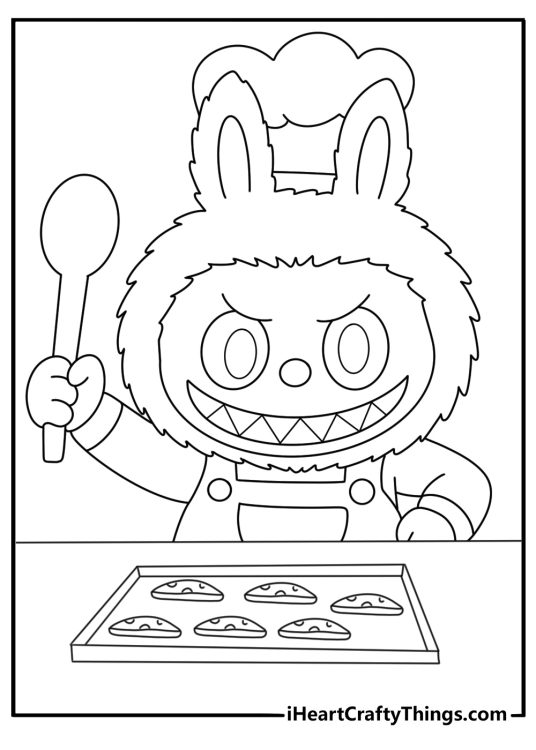 Cute Labubu baking cookies in a small kitchen easy coloring sheet for kids