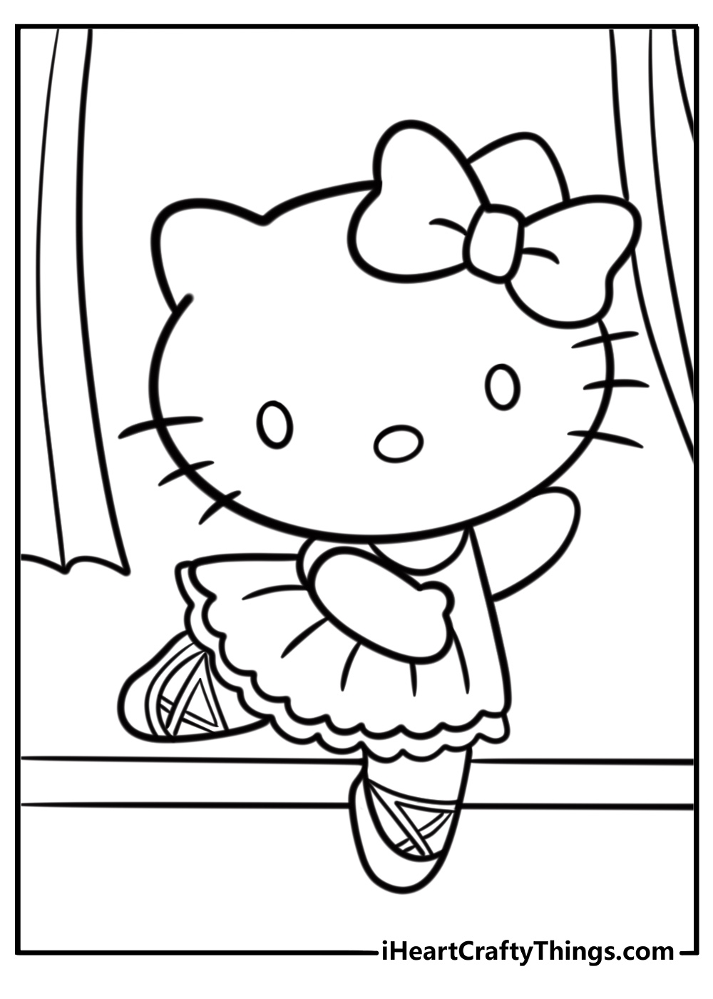 Dancing Hello Kitty in a ballerina dress free coloring page to download