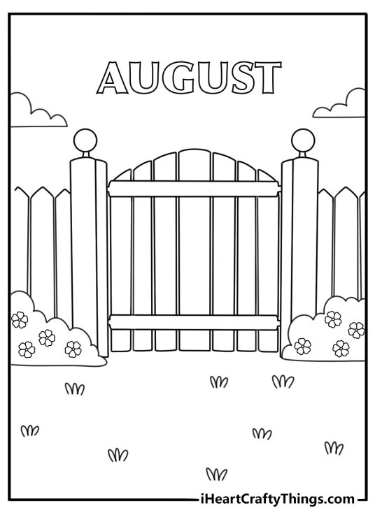 Detailed August coloring page with summer flowers around a garden gate