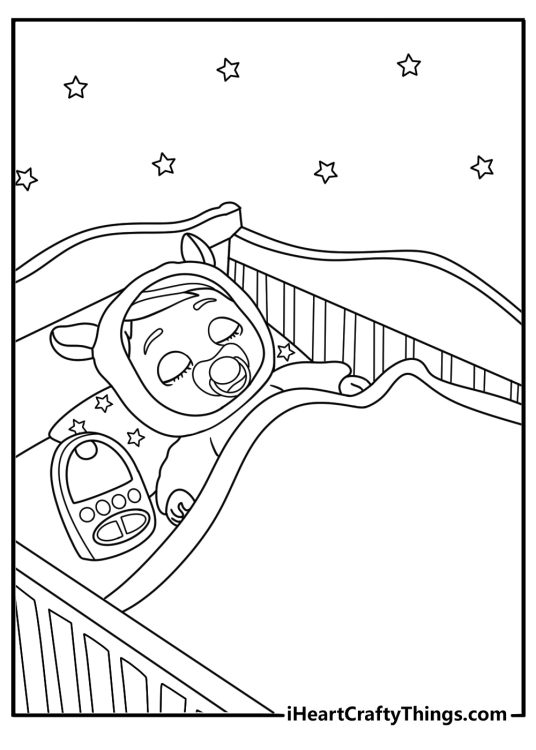 Detailed Cry Babies coloring sheet featuring a bedroom with star pillows