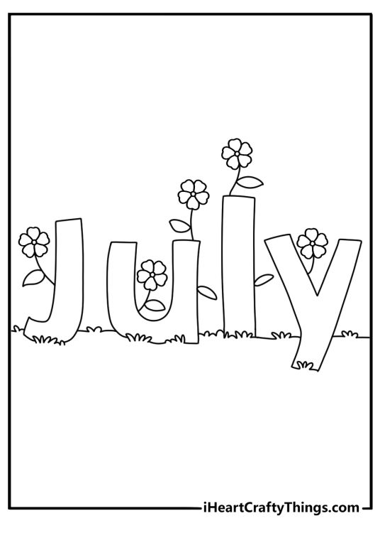 Detailed July coloring page for adults with summer flowers around the word July
