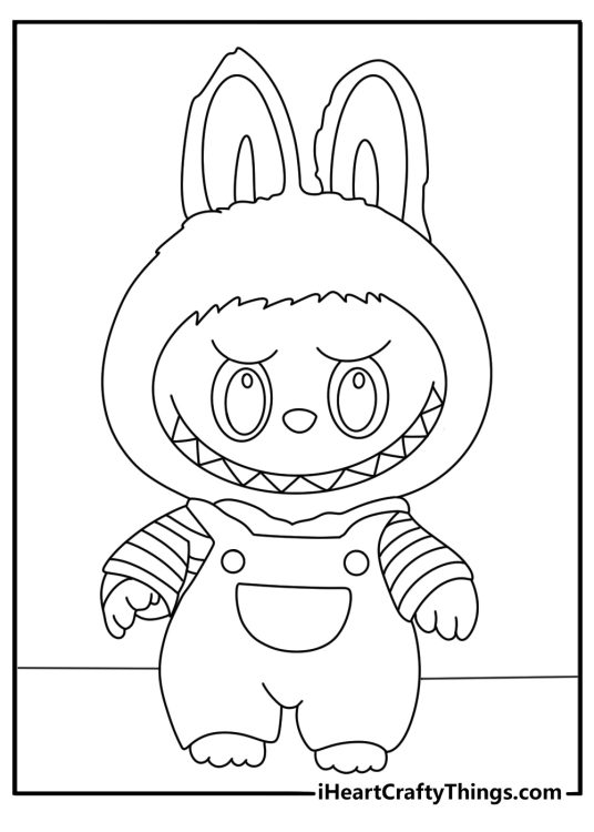 Detailed Labubu drawing with patterned outfit for adults coloring page