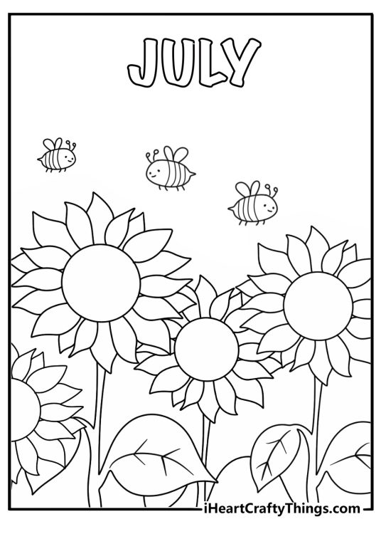 Easy July coloring page with a sunflower field and buzzing bees