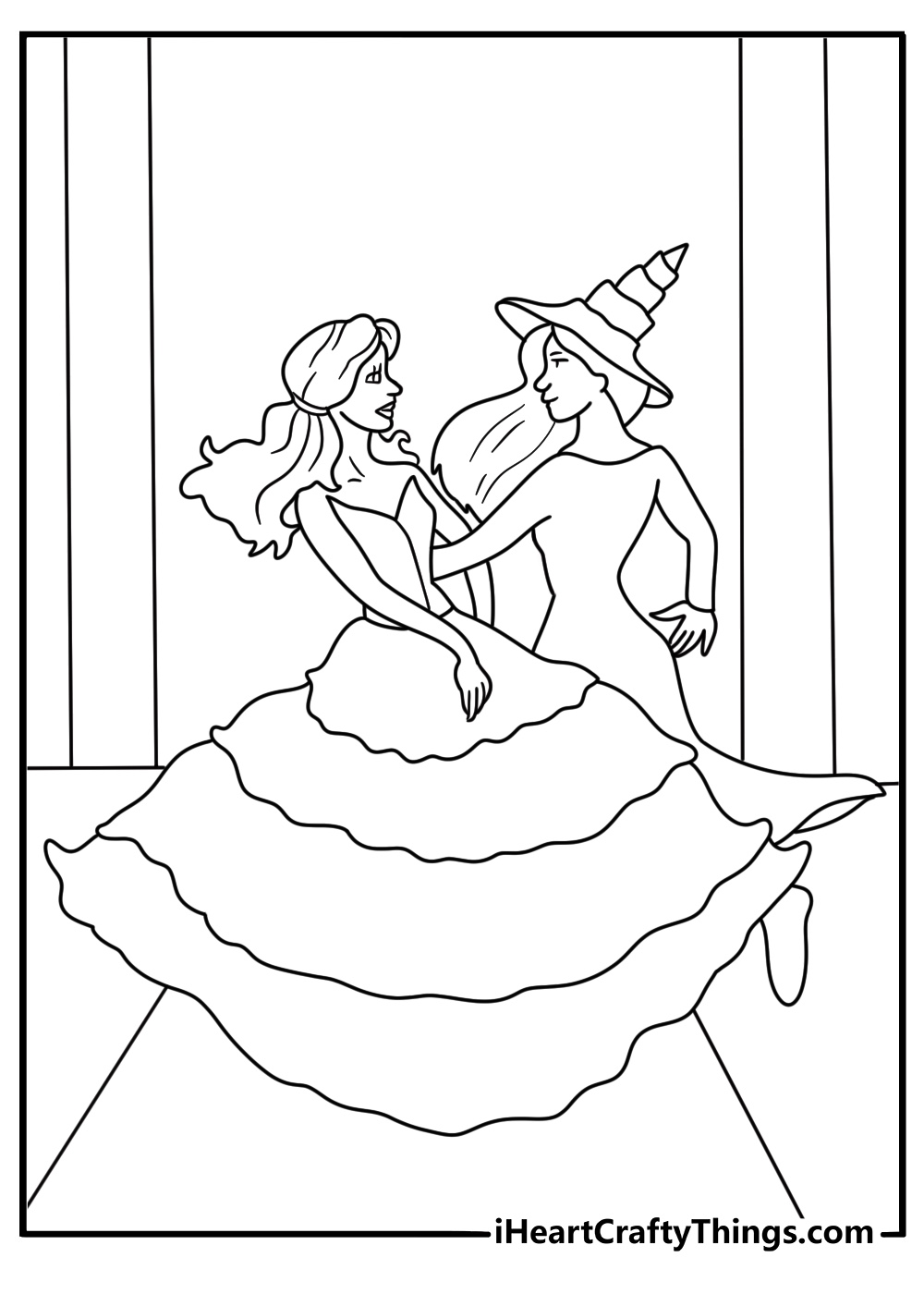 Elphaba and Glinda dance together at the Ozdust Ballroom in this coloring sheet