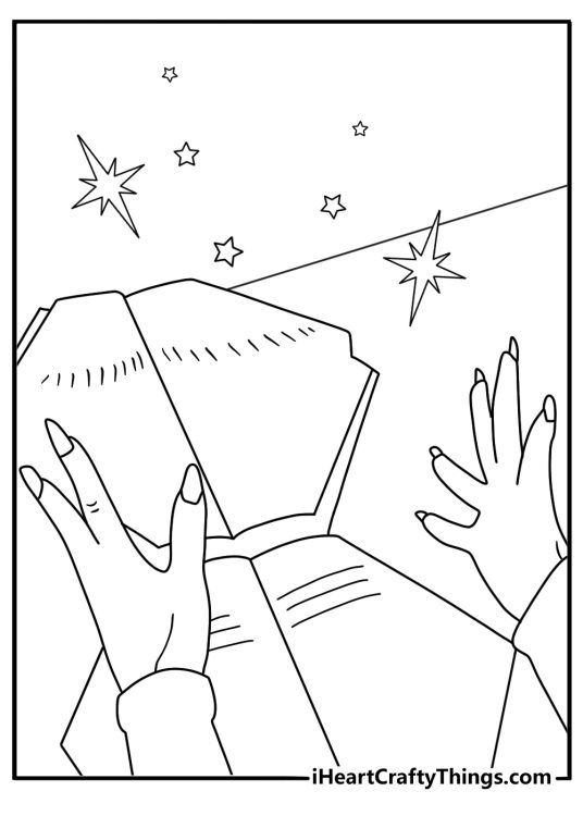 Elphaba holds the Grimmerie open in this magical coloring page