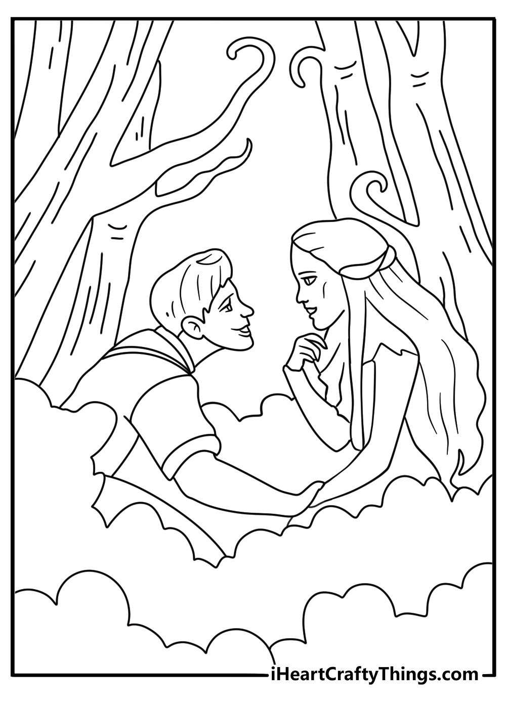Fiyero and Elphaba meet in the forest in this Wicked coloring page