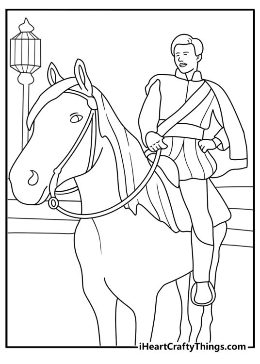 Fiyero rides a horse outside Shiz University in this detailed coloring sheet