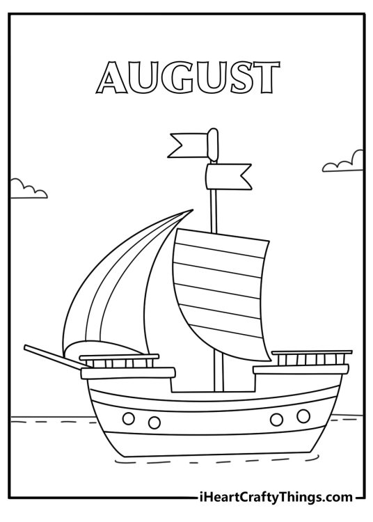 Free August coloring pages coloring page with a sailboat on a calm lake