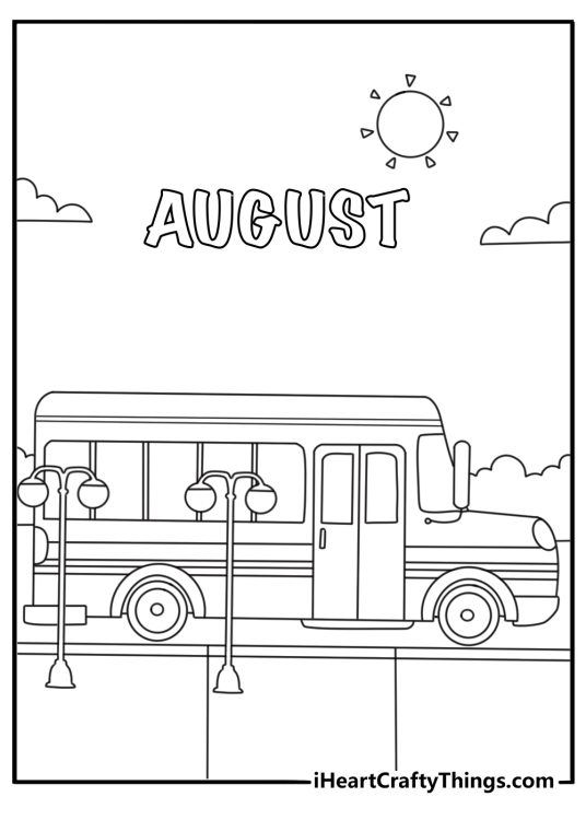 Free August printable of a school bus parked near a sidewalk