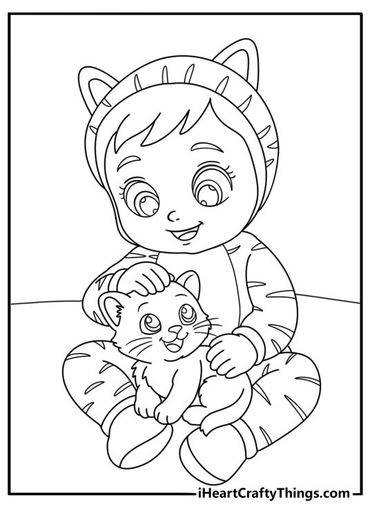 Free Cry Babies printable showing a character caring for a small kitten