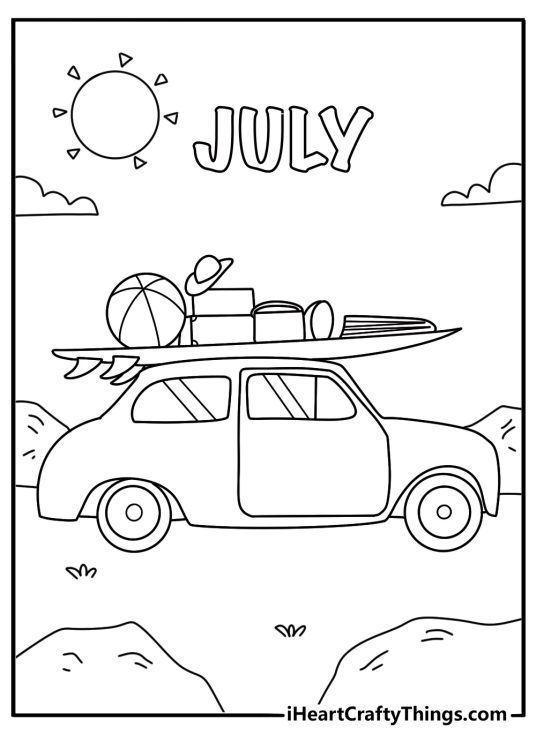 Free July coloring pages printable with a road trip car packed with beach gear