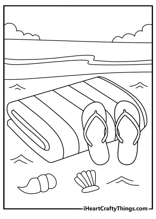 Free July printable of flip flops beside a beach towel and shells