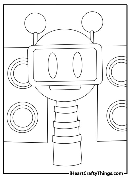 Free Sprunki coloring page featuring Fun Bot near a digital speaker