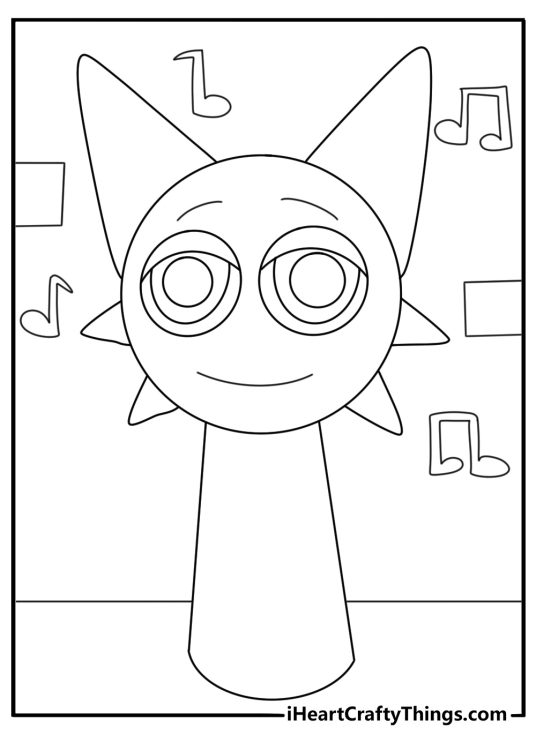 Free Sprunki printable featuring Wenda near a music note wall