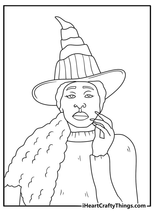 Free Wicked coloring page showing Elphaba wearing her pointed black hat