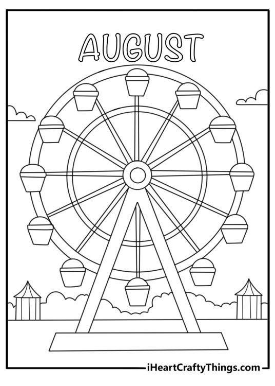 Free printable August coloring sheet with a county fair Ferris wheel