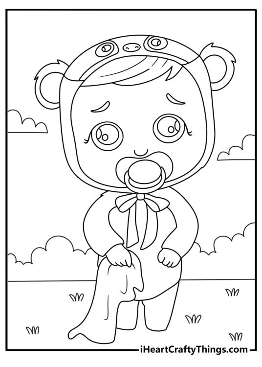 Free printable Cry Babies sheet featuring a character in a panda hood