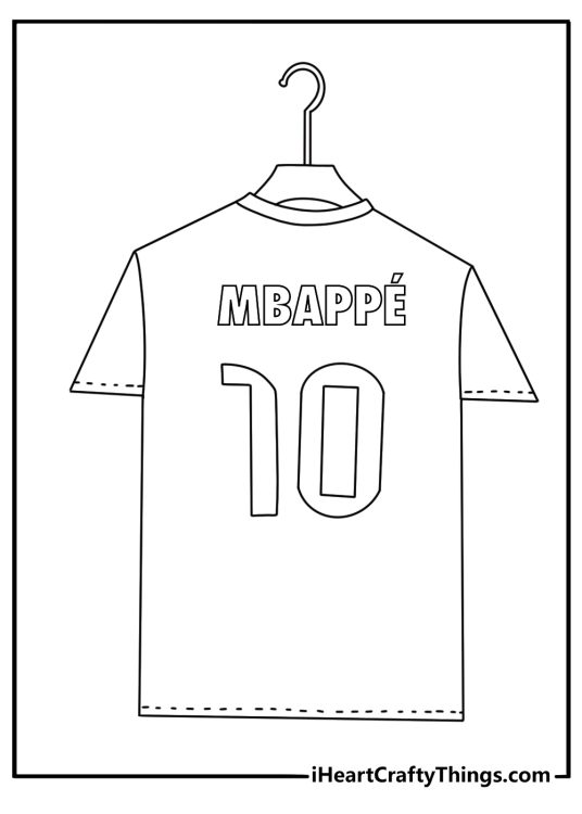 Free printable Mbappe sheet showing a Real Madrid style kit on a hanger