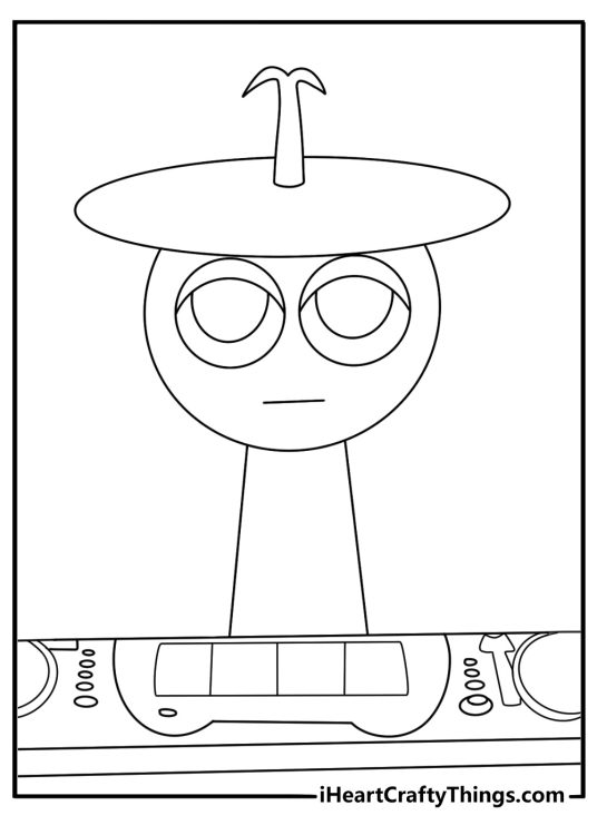 Free printable Sprunki sheet showing Clukr near a bell keyboard