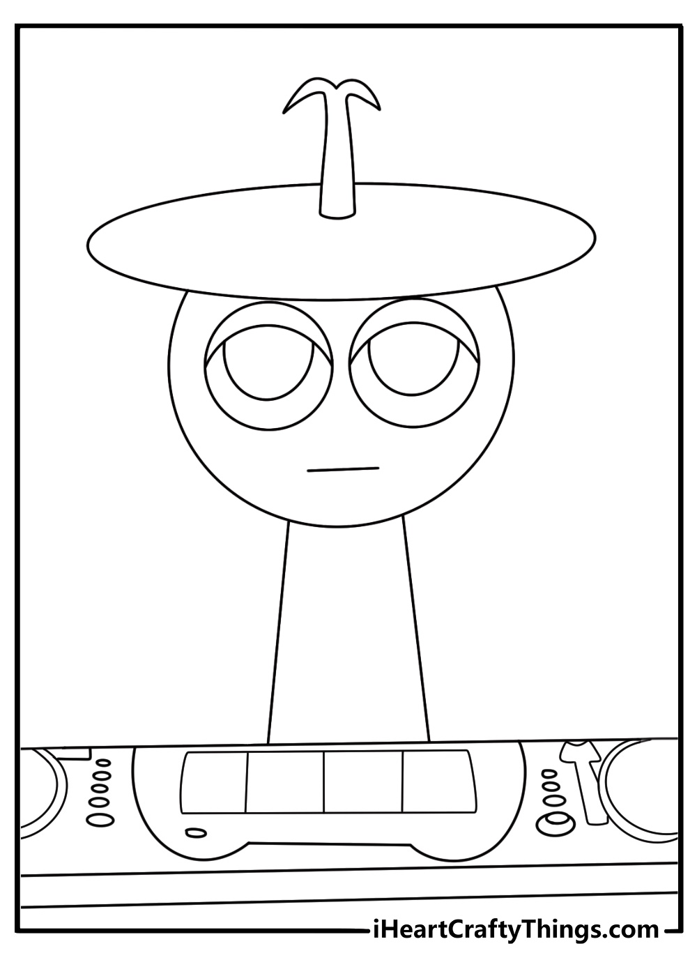 Free printable Sprunki sheet showing Clukr near a bell keyboard