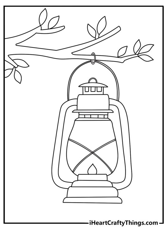 Free printable coloring sheet of camping lanterns hanging from a tree branch