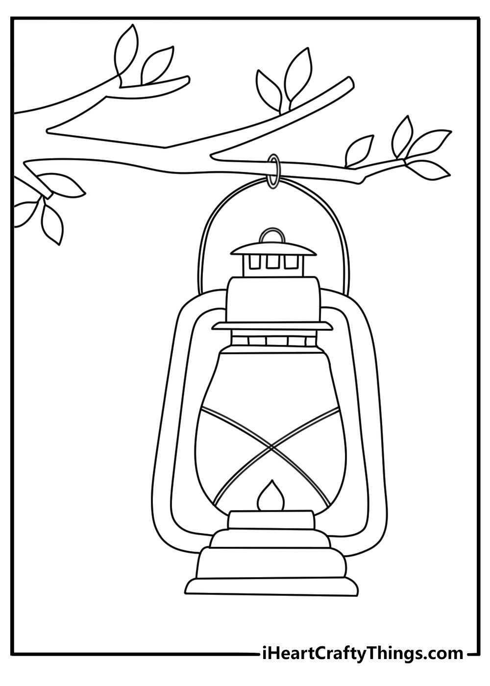 Free printable coloring sheet of camping lanterns hanging from a tree branch