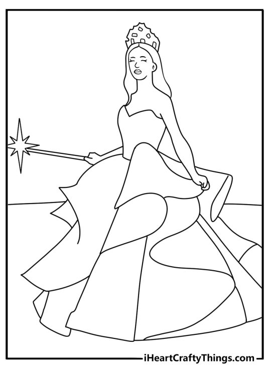 Free printable featuring Glinda wearing her large pink bubble dress