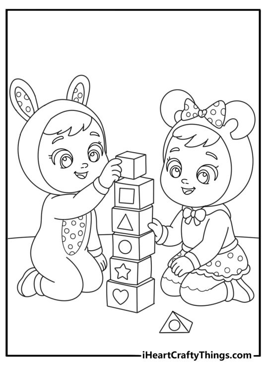Free printable for kids featuring two babies building a block tower