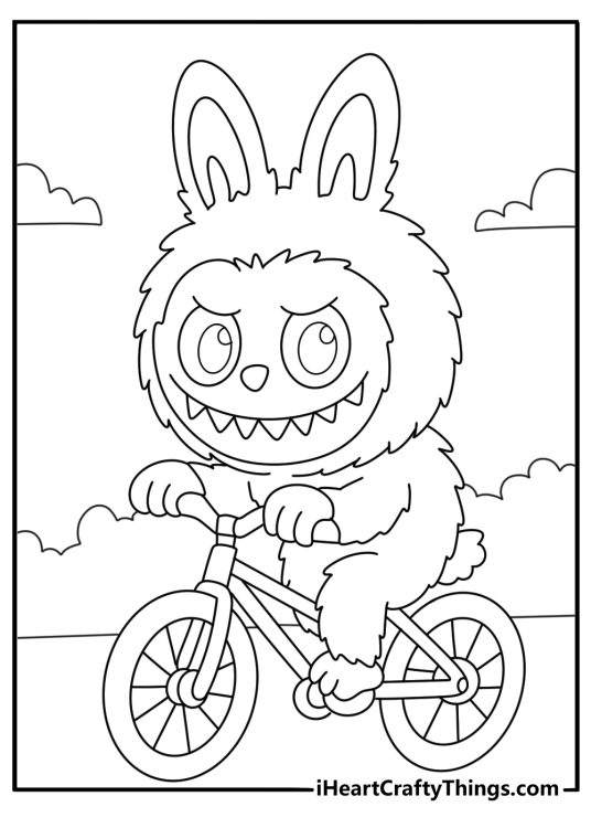 Free printable scene with Labubu riding a tiny bicycle along a path
