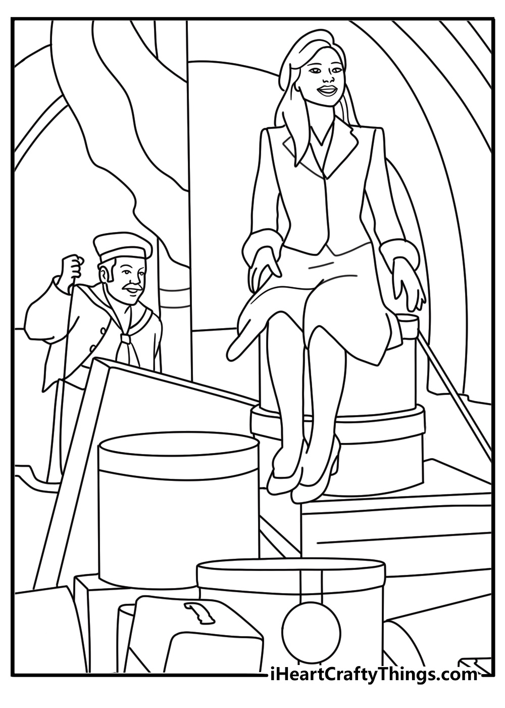 Glinda enters Shiz University with a stack of pink luggage in this fun printable