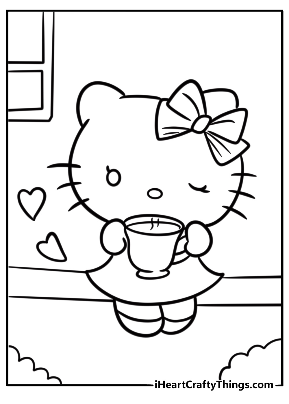 Hello Kitty enjoying a warm drink cute coloring page to color