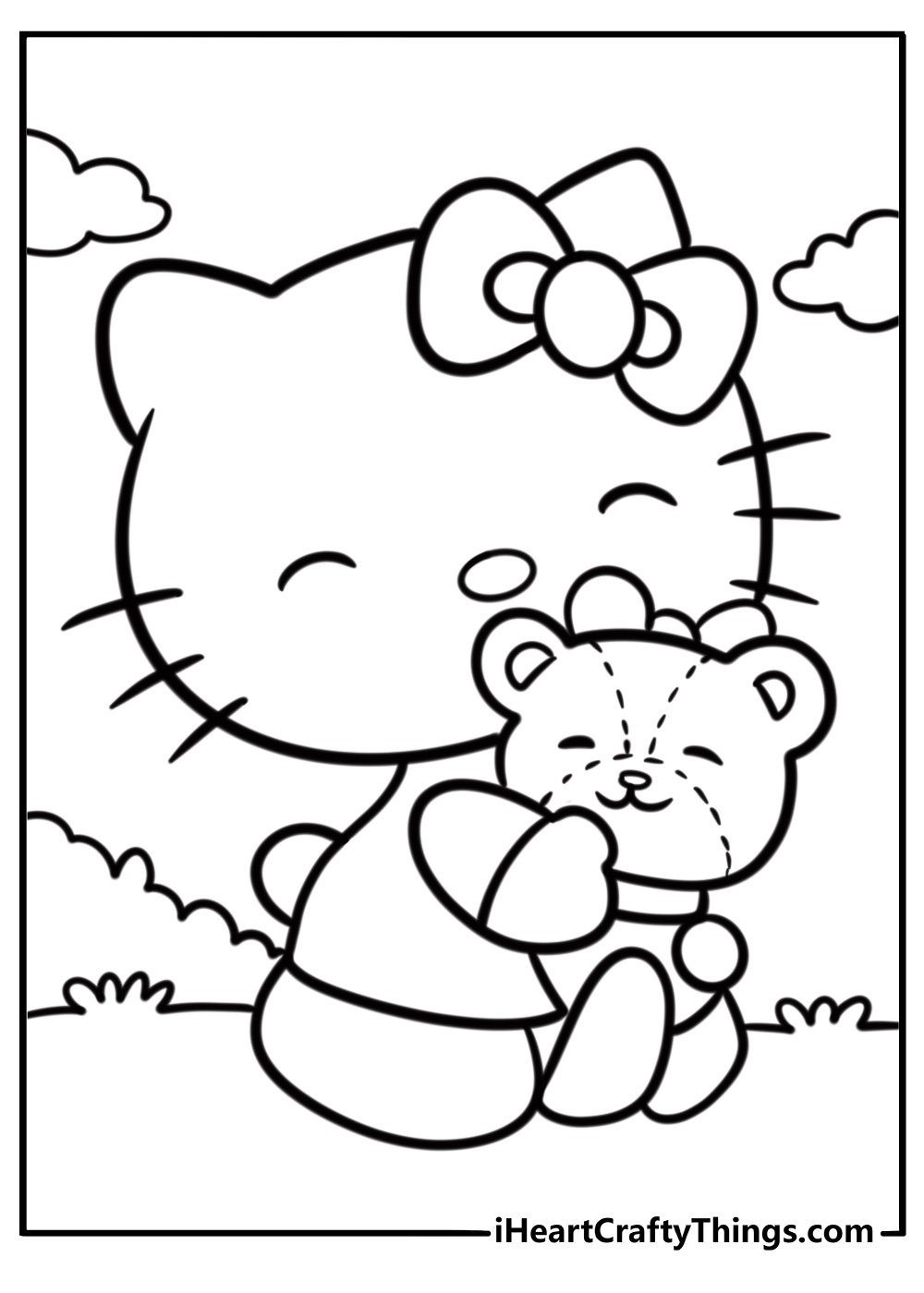 Hello Kitty hugging teddy bear coloring pages for preschoolers