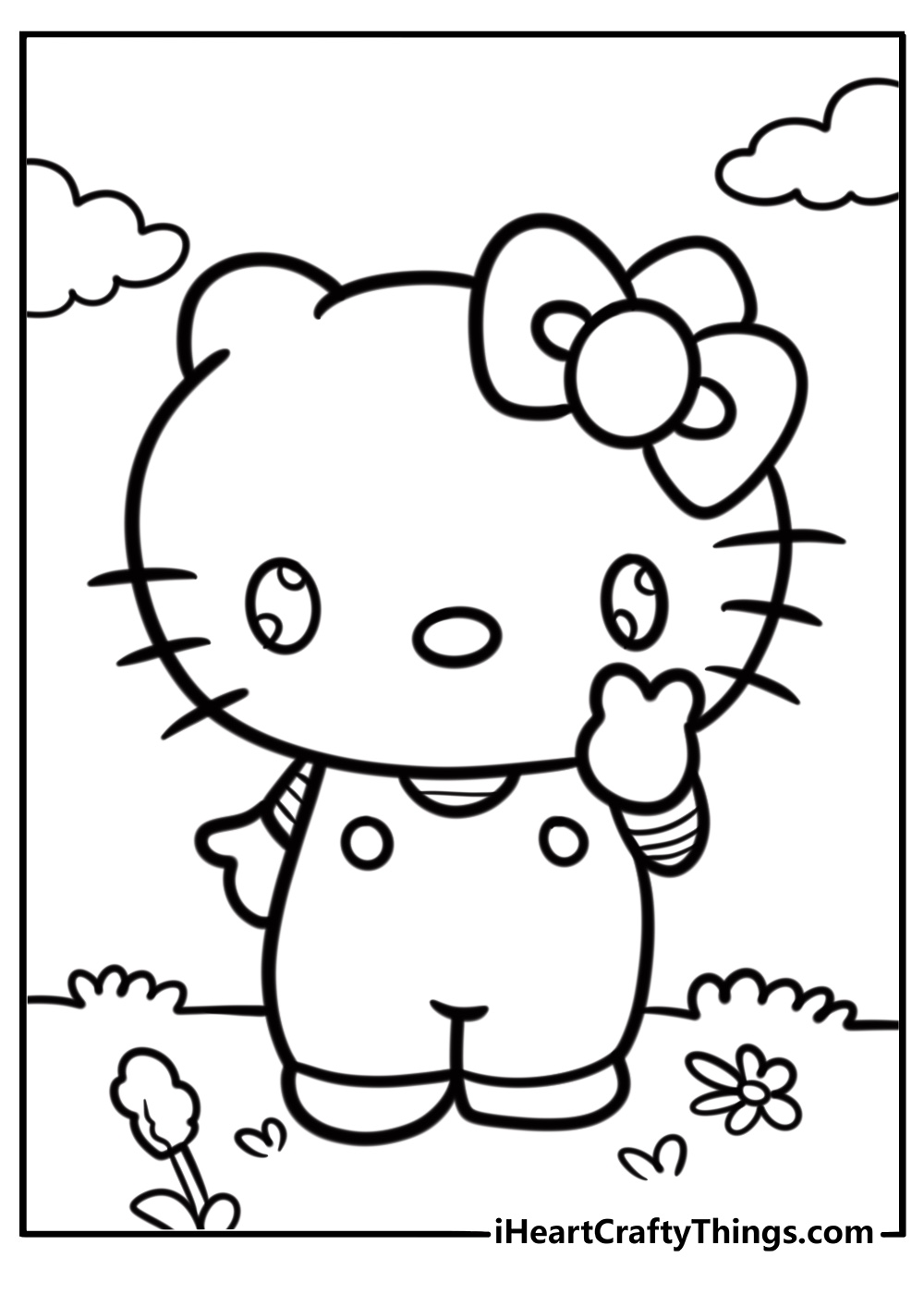 Hello Kitty standing in striped shirt coloring page for kids free