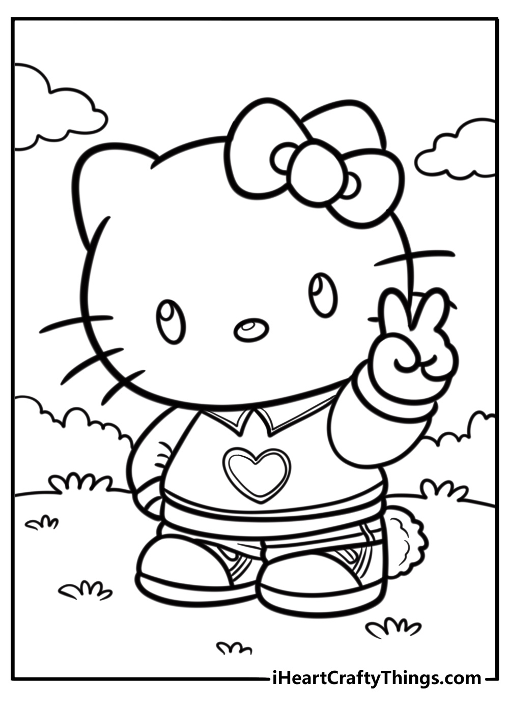 Hello Kitty standing with a heart shirt coloring page pdf free