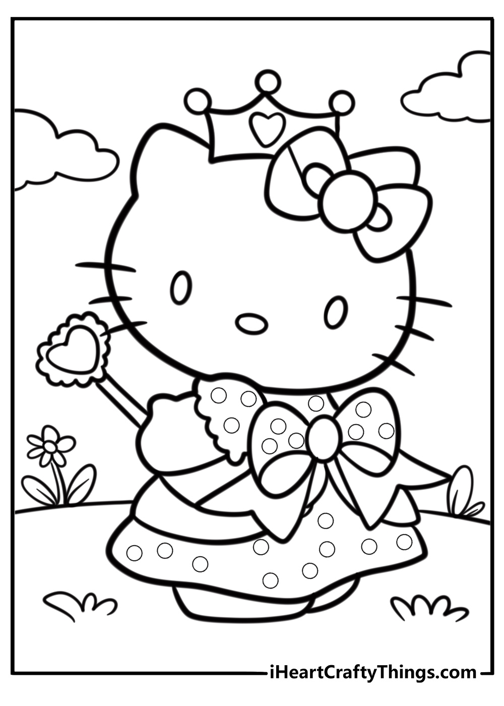 Hello Kitty with a bow and polka dot dress free coloring page download