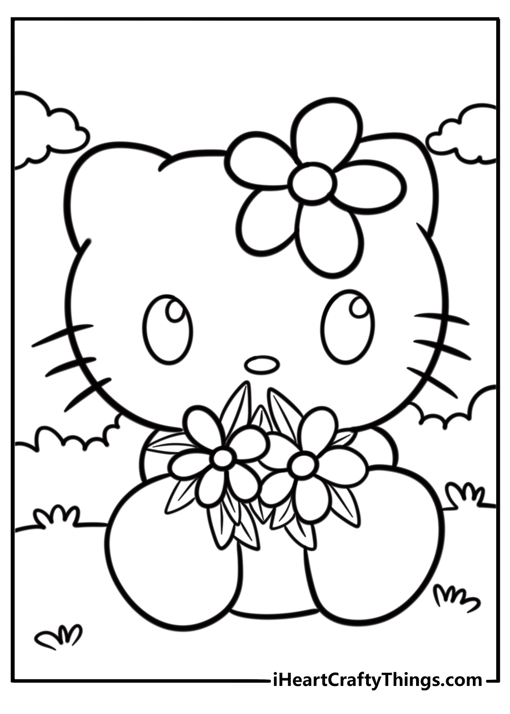 Hello Kitty with flowers kawaii coloring sheet for adults