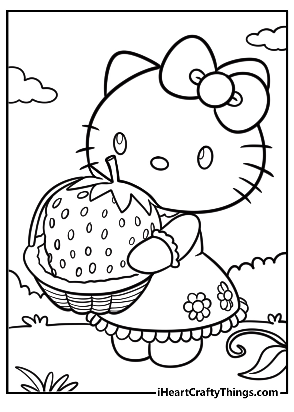 Hello Kitty with giant strawberry free coloring page